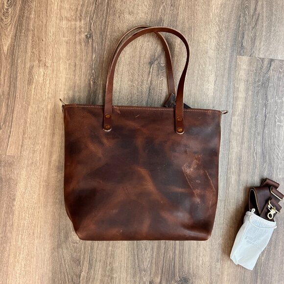 KMM & Co Brown Leather Hand Crafted Large Tote Bag Purse Zippered Travel Strap - Picture 11 of 13